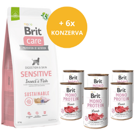 Brit Care Dog Sustainable Sensitive 12 kg + 6 x masová konzerva ZDARMA