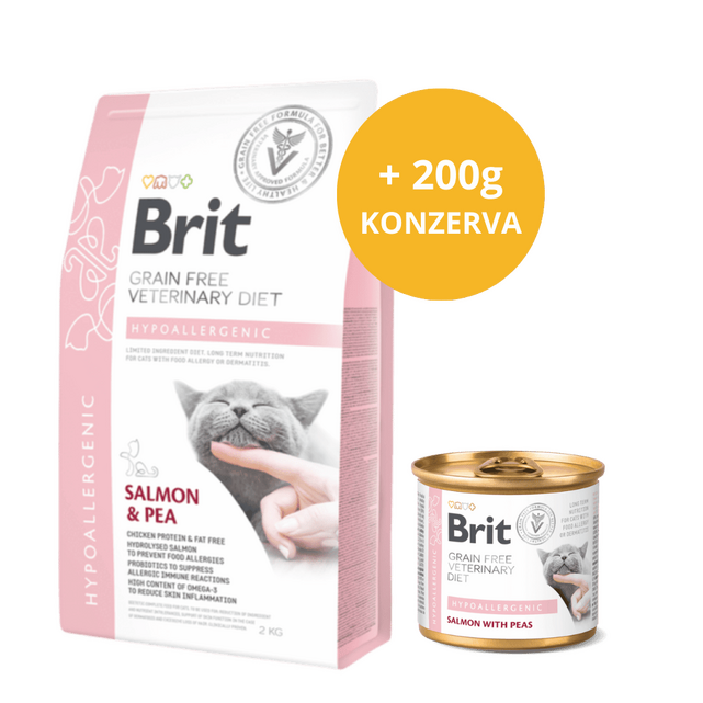 Brit GF Veterinary Diets Cat Hypoallergenic 2 kg + masová konzerva 200 g