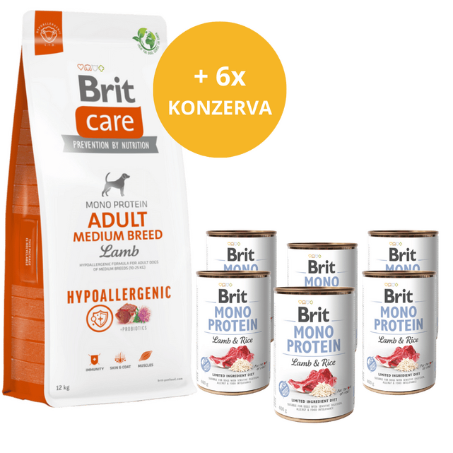 Brit Care Dog Hypoallergenic Adult Medium Breed 12 kg + 6 x masová konzerva ZDARMA