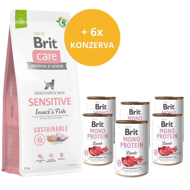 Brit Care Dog Sustainable Sensitive 12 kg + 6 x masová konzerva ZDARMA