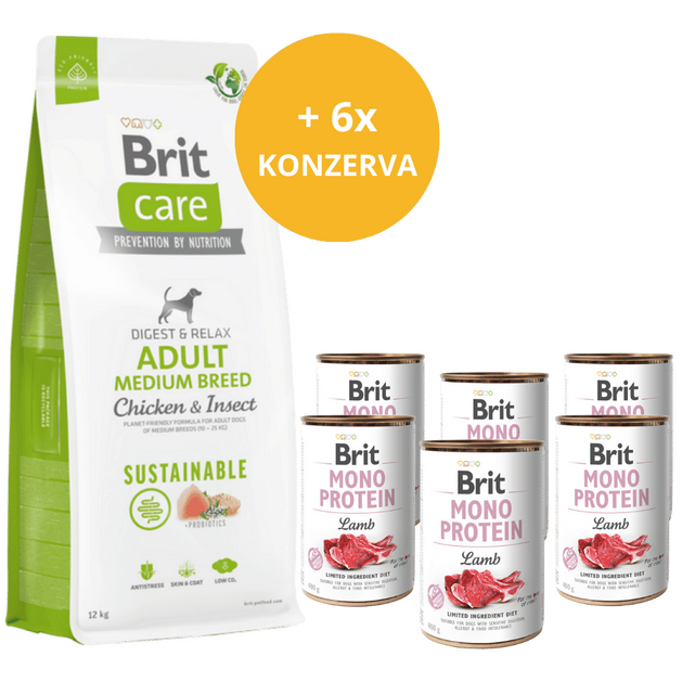 Brit Care Dog Sustainable Adult Medium Breed  12 kg + 6 x masová konzerva ZDARMA