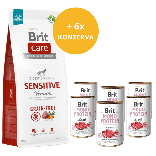 Brit Care Dog Grain-free Sensitive 12 kg + 6 x masová konzerva ZDARMA